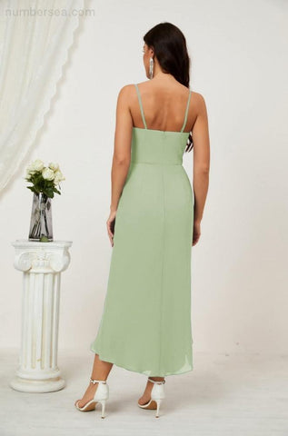 Vestido de dama de honor de gasa con escote en V y abertura media, vestido formal de fiesta, vestido de bienvenida 2803 