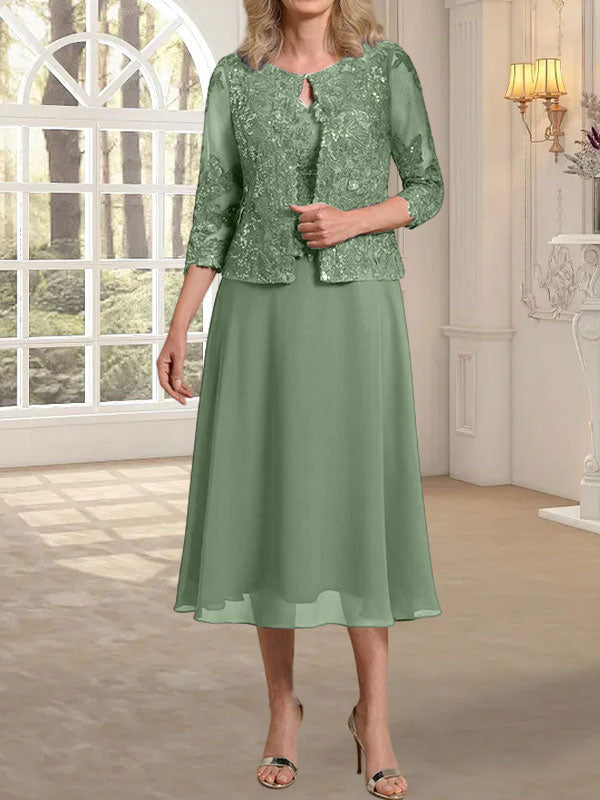 Vestido de novia de corte línea A, escote redondo, largo hasta la rodilla, de encaje y gasa con lentejuelas. 