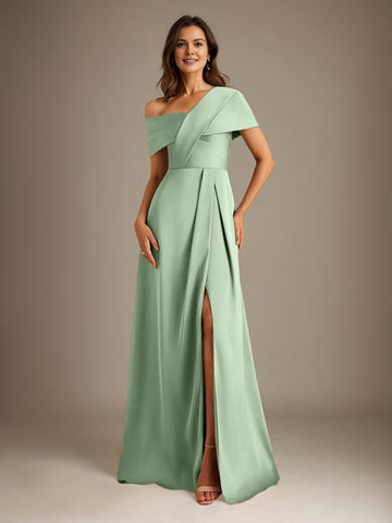 A-Line Asymmetrical Neckline Floor-Length Satin Mother of the Bride Dress With Pleated