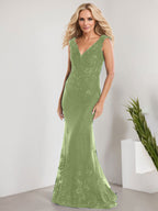 Vestido de sirena para la madre de la novia, corte sirena, escote en V, largo hasta el suelo, de gasa de encaje con apliques de lentejuelas. 