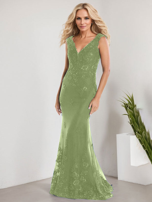 Vestido de sirena para la madre de la novia, corte sirena, escote en V, largo hasta el suelo, de gasa de encaje con apliques de lentejuelas. 