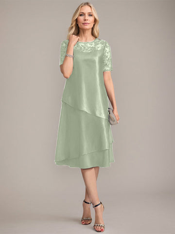 Vestido de corte A, escote redondo, largo hasta la rodilla, para la madre de la novia, con apliques y lentejuelas. 