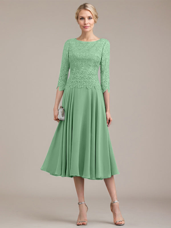 Vestido de corte A con escote redondo y largo hasta la rodilla en gasa de encaje para la madre de la novia 