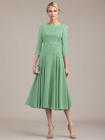 A-line Scoop Tea-Length Lace Chiffon Mother of the Bride Dress
