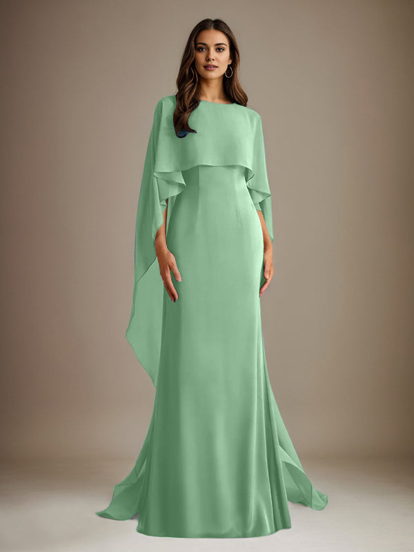 Vestido de gasa de corte recto/columna, escote barco y largo hasta el suelo, para la madre de la novia, con volantes en cascada. 