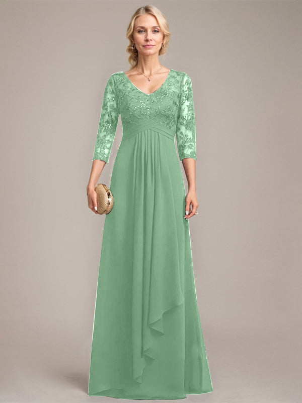 Vestido de novia de corte línea A, escote en V, largo hasta el suelo, de gasa de encaje con volantes en cascada y lentejuelas. 