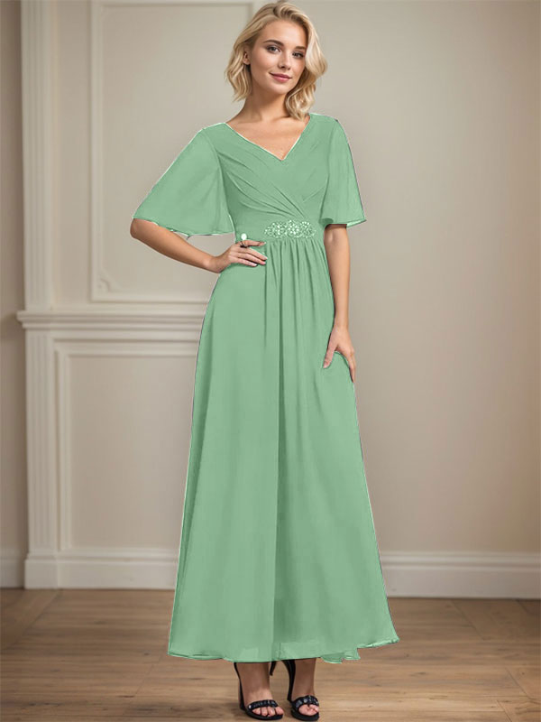 Vestido de gasa de corte A, escote en V, largo hasta el tobillo, para la madre de la novia, con lentejuelas y cuentas plisadas.
