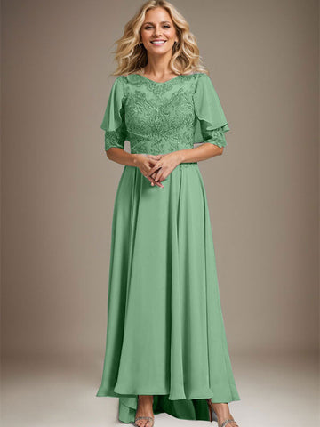 A-line Scoop Illusion Asymmetrical Chiffon Lace Mother of the Bride Dress With Beading