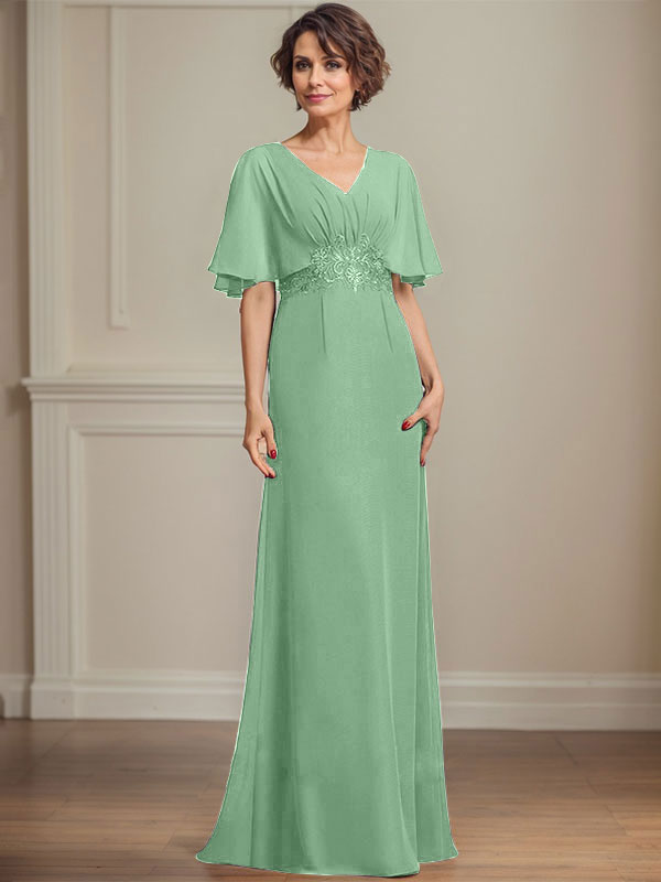 Vestido de corte A, escote en V, largo hasta el suelo, de gasa, para la madre de la novia, con apliques de lentejuelas plisadas y encaje.