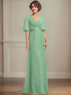 Vestido de corte A, escote en V, largo hasta el suelo, de gasa, para la madre de la novia, con apliques de lentejuelas plisadas y encaje.