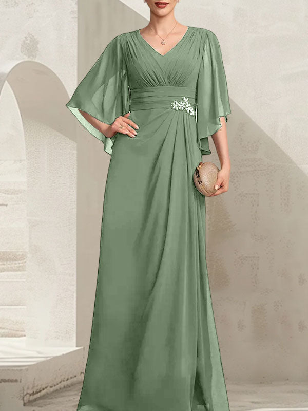 Vestido de corte recto/columna, escote en V, largo hasta el suelo, de gasa, para la madre de la novia, con lentejuelas plisadas y pedrería.