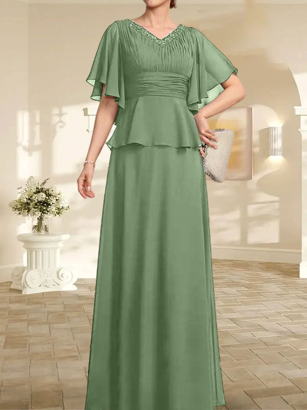 Vestido de gasa de corte A, escote en V, largo hasta el suelo, para la madre de la novia, con plisados ​​y cuentas.