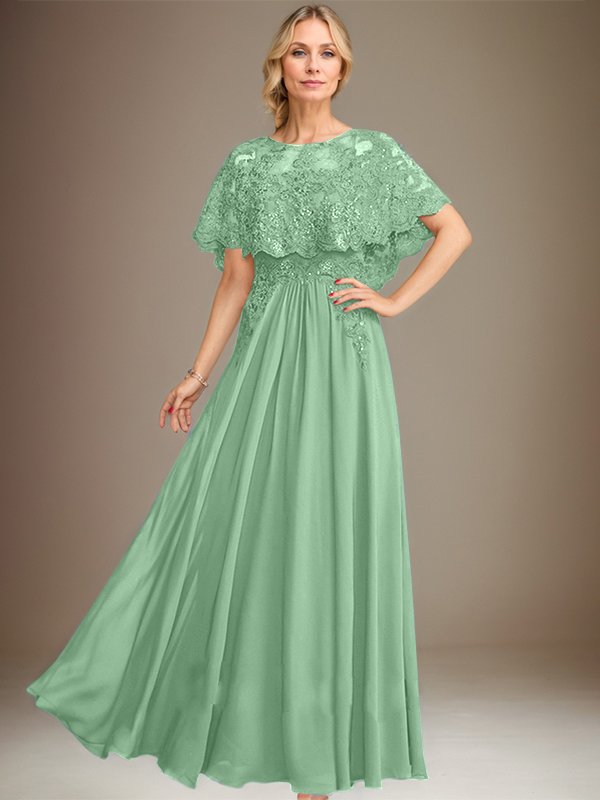 Robe de mère de la mariée en mousseline de soie dentelle, coupe trapèze, col bateau, longueur au sol, ornée d'appliqués de sequins 