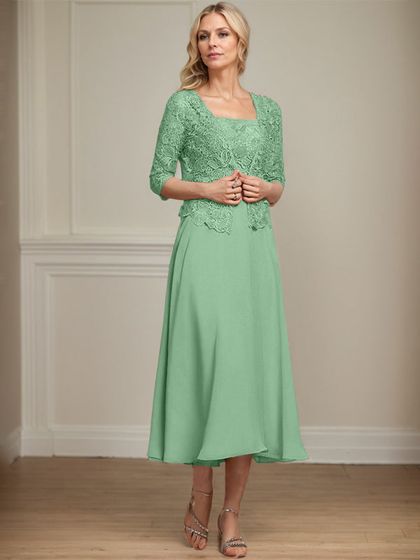Vestido de corte A, largo midi, de gasa, encaje y lentejuelas para la madre de la novia. 