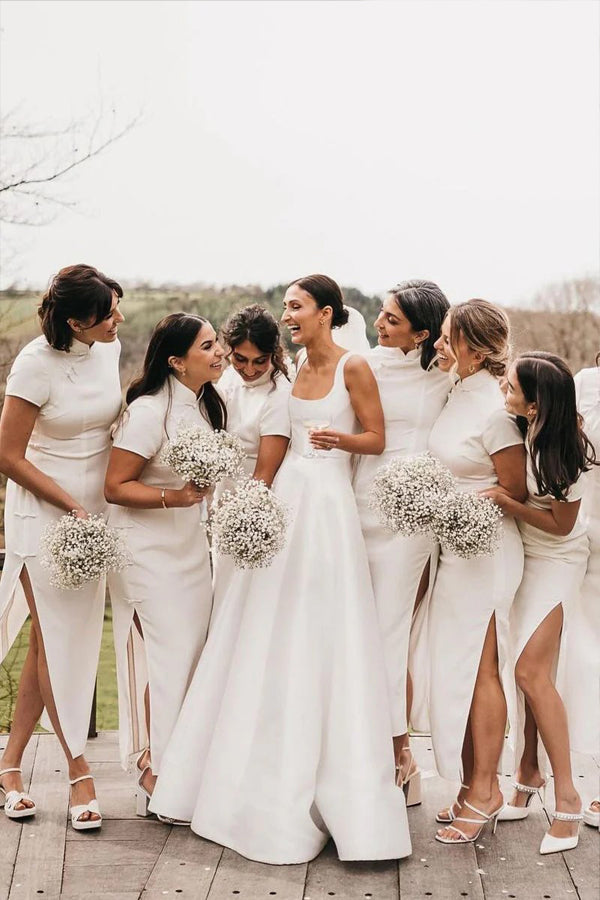 Robe de mariée blanche sobre en satin, coupe trapèze, col carré, WD737