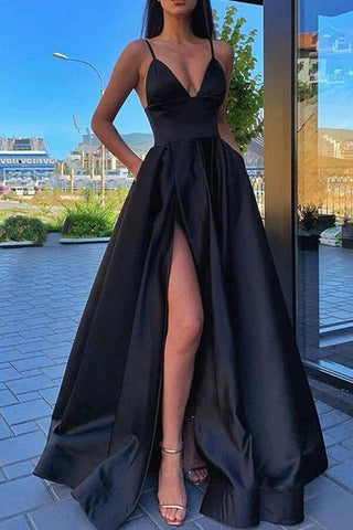 Satin A-line V-neck Spaghetti Straps Long Prom Dresses With High Split