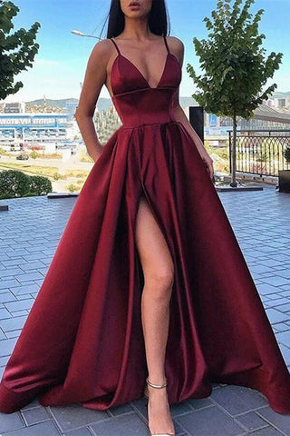 Satin A-line V-neck Spaghetti Straps Long Prom Dresses With High Split