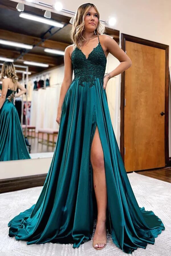 Robe de bal en satin, coupe trapèze, col en V, fines bretelles et fente, robe de soirée