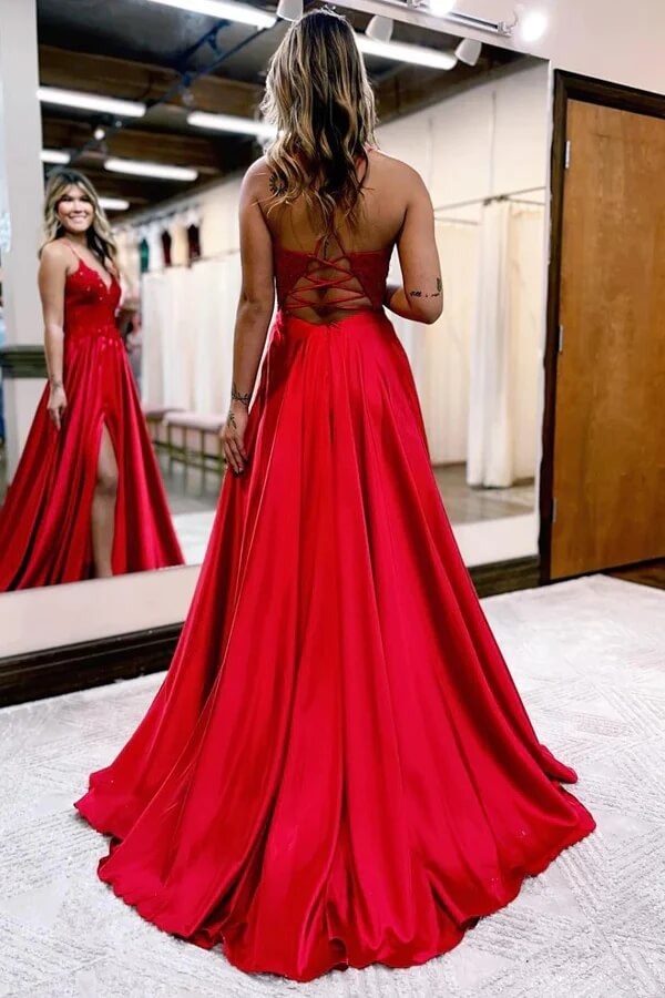 Robe de bal en satin, coupe trapèze, col en V, fines bretelles et fente, robe de soirée