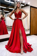 Robe de bal en satin, coupe trapèze, col en V, fines bretelles et fente, robe de soirée
