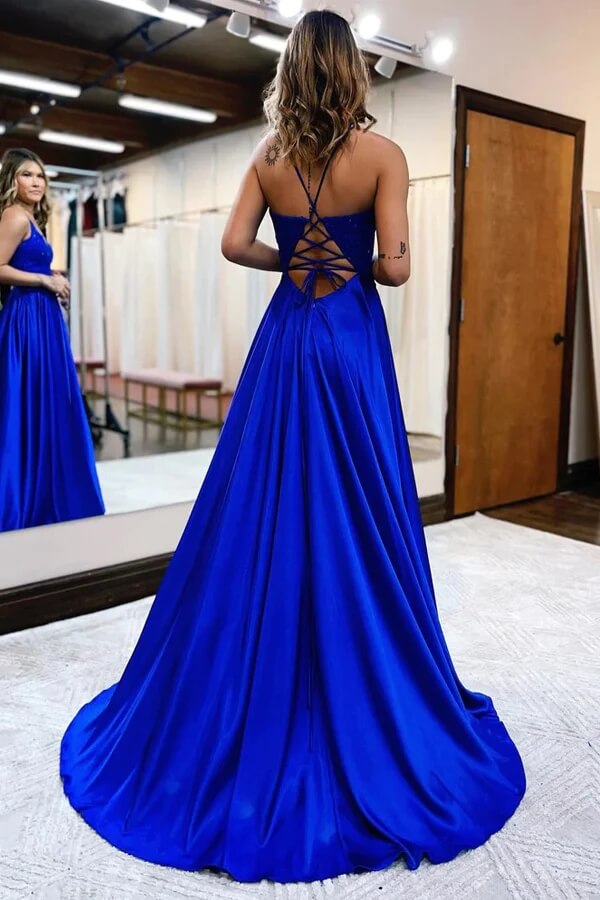 Robe de bal en satin, coupe trapèze, col en V, fines bretelles et fente, robe de soirée