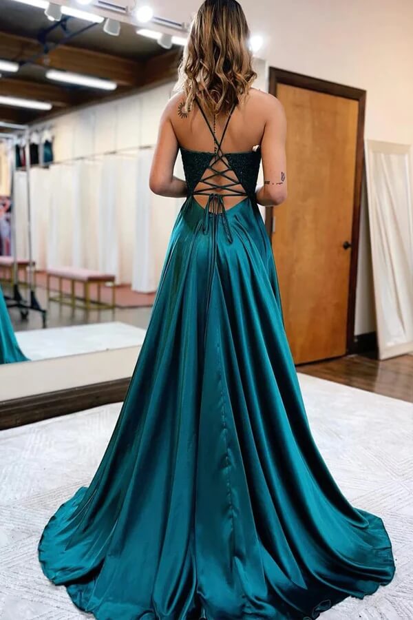 Robe de bal en satin, coupe trapèze, col en V, fines bretelles et fente, robe de soirée