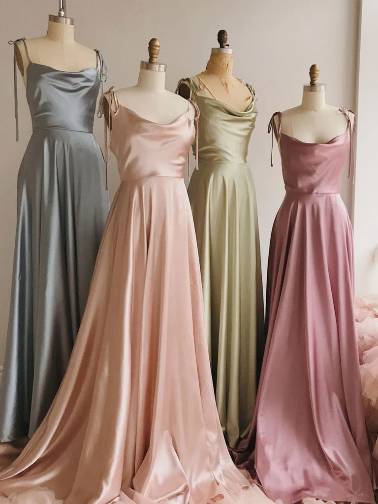 Vestidos de dama de honor de satén de seda, sencillos y largos, económicos, para invitadas de boda.
