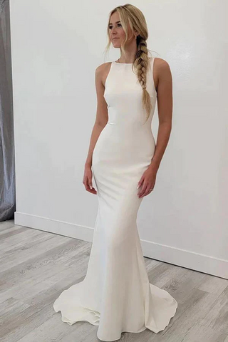 Vestidos de novia sencillos de satén estilo sirena con espalda descubierta para bodas en la playa WD654
