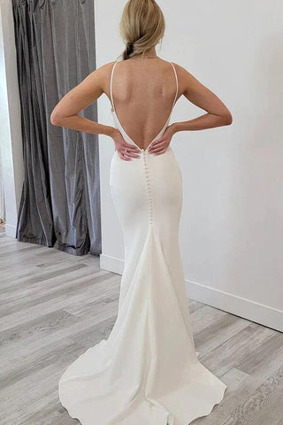 Vestidos de novia sencillos de satén estilo sirena con espalda descubierta para bodas en la playa WD654