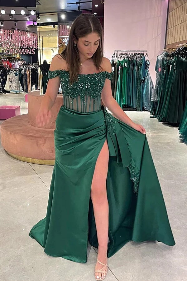 Vestidos largos de fiesta de satén con hombros descubiertos y apliques de encaje