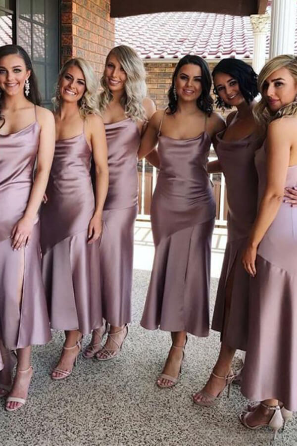Vestidos de dama de honor de satén, corte tubo, tirantes finos, cuello drapeado y largo midi 