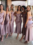 Vestidos de dama de honor de satén, corte tubo, tirantes finos, cuello drapeado y largo midi 