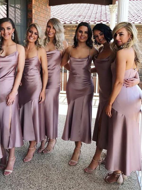 Vestidos de dama de honor de satén, corte tubo, tirantes finos, cuello drapeado y largo midi 