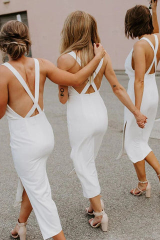 Vestidos de dama de honor de satén, corte tubo, escote en V, largo té, con abertura 