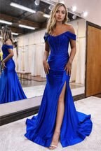 Satin Lace Mermaid Off Shoulder Long Prom Dress
