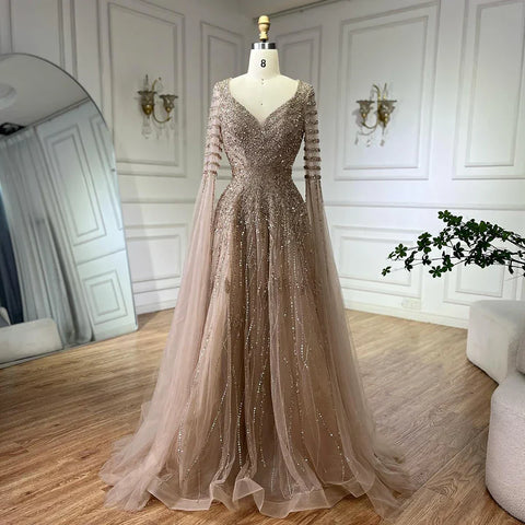 Robe de soirée longue élégante style trapèze, couleur caramel, avec perles et manches cape, pour une occasion spéciale, LA72750 