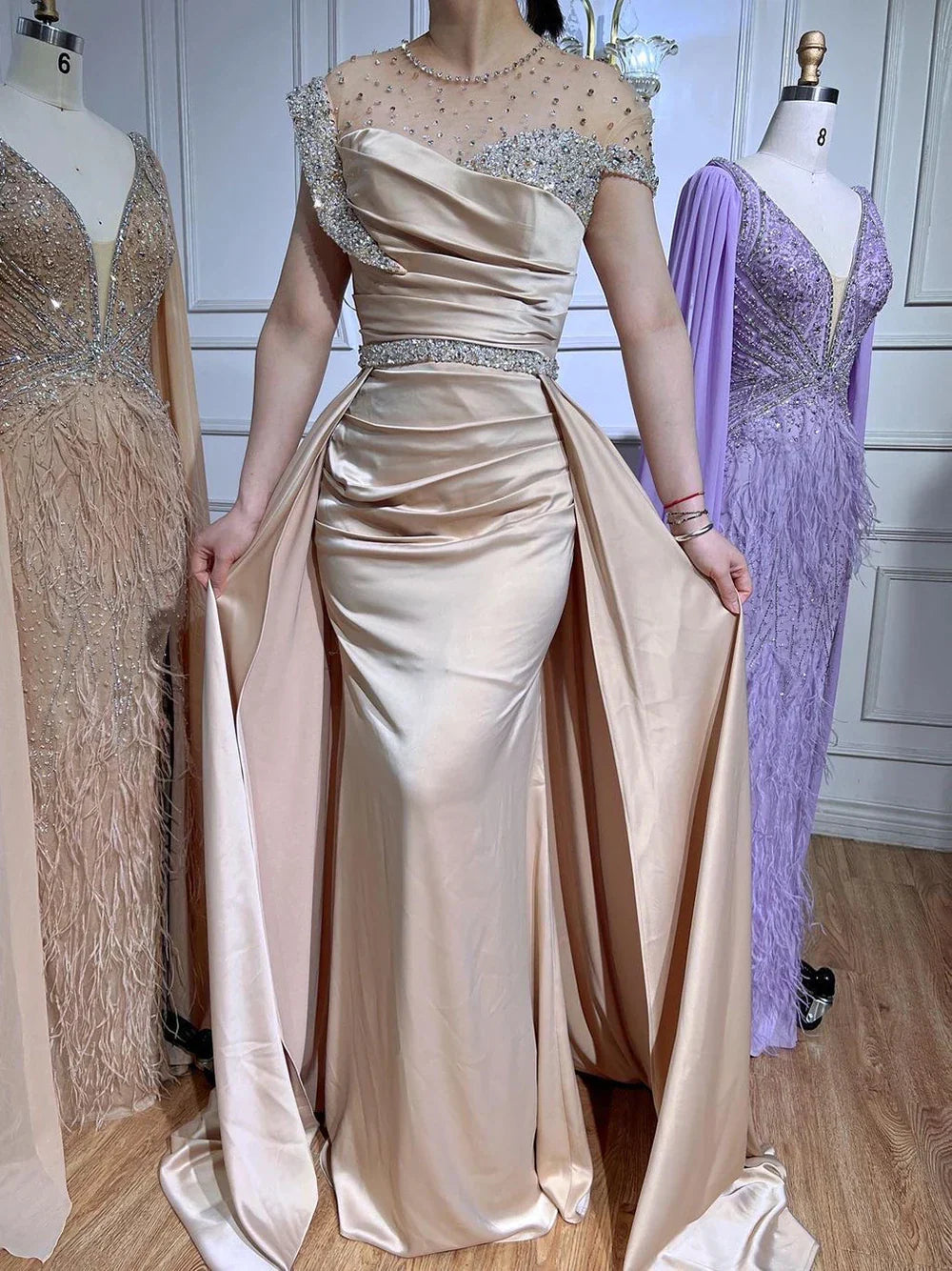 Arabic Nude Mermaid Elegant Satin With Overskirt Evening Dresses Gowns Luxury Beaded 2025 For Women Party LA71725