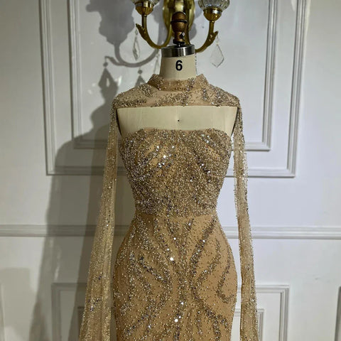 Robe de soirée sirène nude avec manches cape amovibles et dos lacé pour une occasion formelle LA72824 