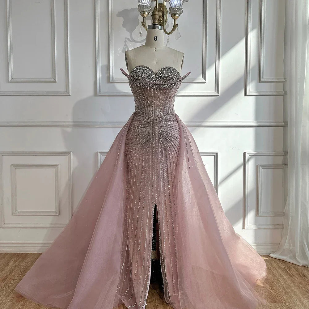 Vestidos de noche de sirena color nude con cuentas y sobrefalda para ocasiones formales LA72811 (2025) 