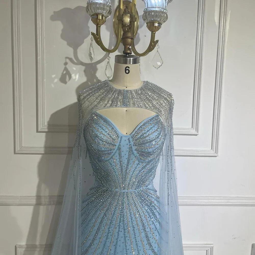 Robe de soirée arabe bleue à bretelles spaghetti et perles avec cape amovible pour une occasion formelle 2025 LA72784 