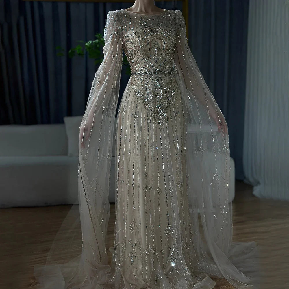 Vestido de noche árabe de lujo Alina con mangas capa azul Dubai 2025, con cuentas y piedras, para mujer, ideal para bodas y fiestas (LA72635) 