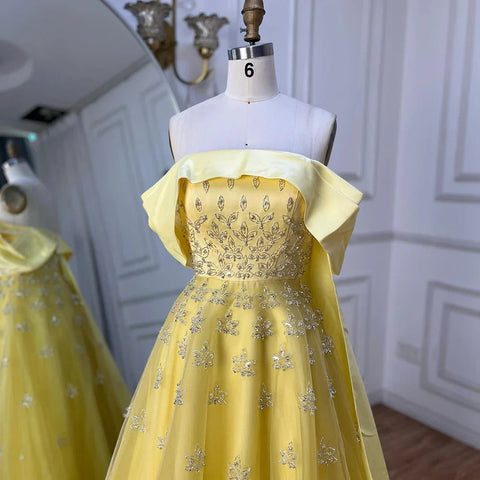 Luxury Dubai Arabic Yellow Elegant Boat Neck Long Evening Dress Beaded Party Gown for Women's Wedding LA72531
