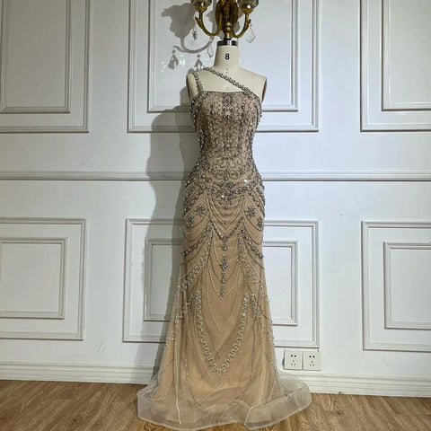 Elegant Nude One Shoulder Beaded Evening Dresses Gowns for Formal Occasion 2025 LA72791