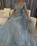 Vestidos de noche largos, elegantes, de corte A, color caramelo árabe, con cuentas y mangas tipo capa para ocasiones formales LA72750 