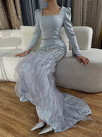 Robe de soirée élégante style sirène grise, longueur cheville, en satin perlé, luxueuse, pour femme, modèle 2025, LA72317 