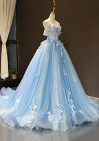 Vestido de gala azul árabe 2025, con hombros descubiertos, de tul y apliques, para fiesta de mujer LA72679 