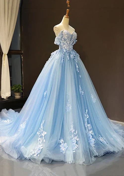 Vestido de gala azul árabe 2025, con hombros descubiertos, de tul y apliques, para fiesta de mujer LA72679 