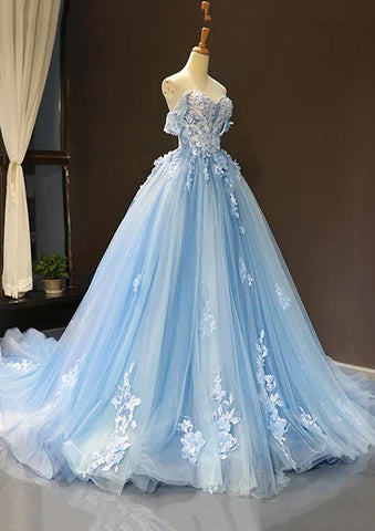 Robe de bal bleu arabe 2025, épaules dénudées, en tulle, avec applications, pour soirée femme, LA72679 