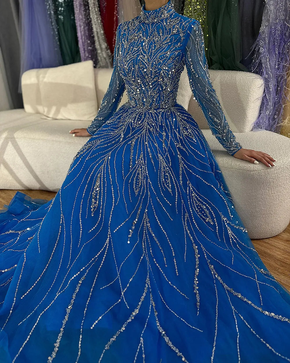 Muslim Elegant blue A Line Beaded Luxury Dubai Evening Dresses Gowns For Women Wedding Party 2025 LA72302A