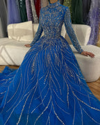Muslim Elegant blue A Line Beaded Luxury Dubai Evening Dresses Gowns For Women Wedding Party 2025 LA72302A